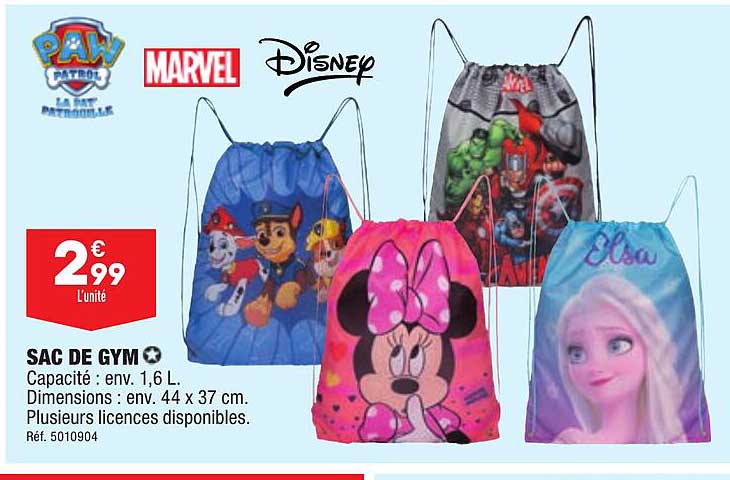 sac de gym paw patrol, marvel, disney