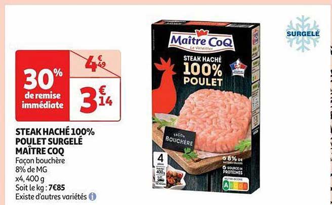 steak haché 100% poulet surgelé maître coq