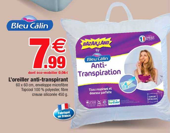 l'oreiller anti transpirant bleu câlin
