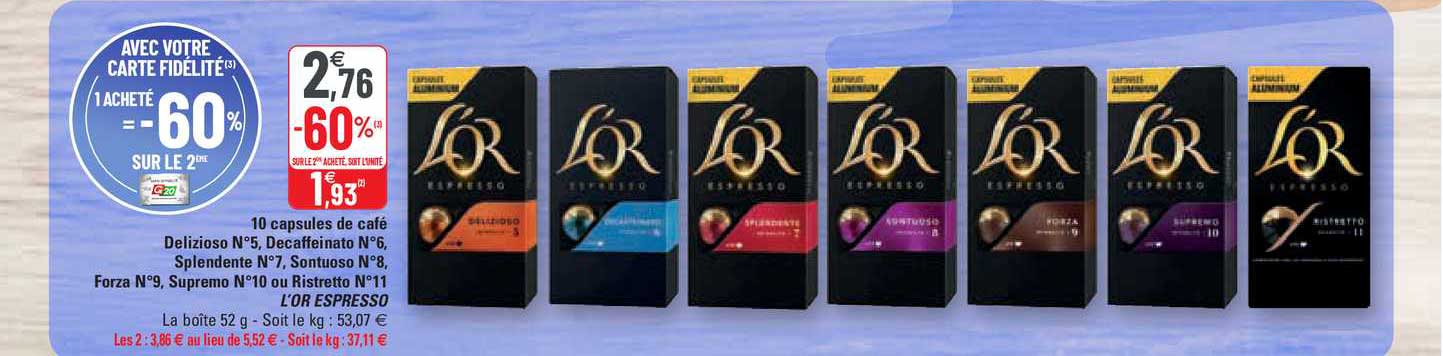 10 capsules de café delizioso n05, decaffeinato n°6, splendente n°7, sontuoso n°8, forza n°9, supremo n°10 ou ristretto n°11 l'or espresso