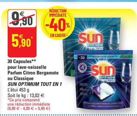 30 capsules pour lave-vaisselle parfum citron bergamote ou classique sun optimum tout en 1