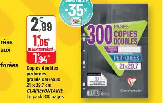 copies doubles perforées grands carreaux 21 x 29,7 cm clairefontaine
