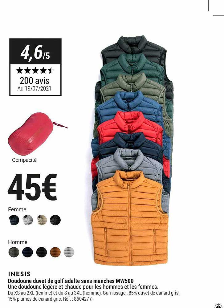 doudoune duvet de golf adulte sans manche mw500 inesis