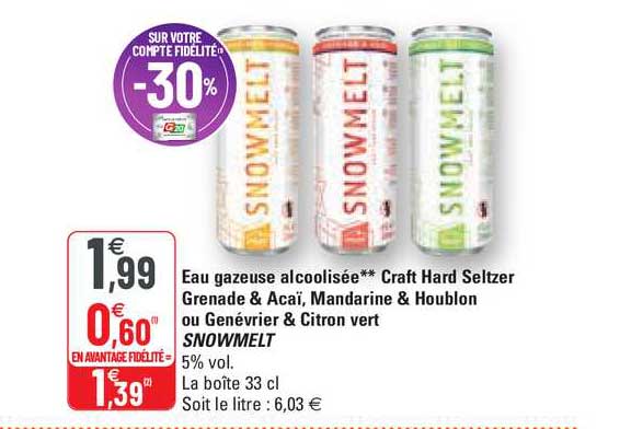 eau gazeuse alcoolisée craft hard seltzer grenade & acaï, mandarine & houblon ou genévrier & citron vert snowmelt