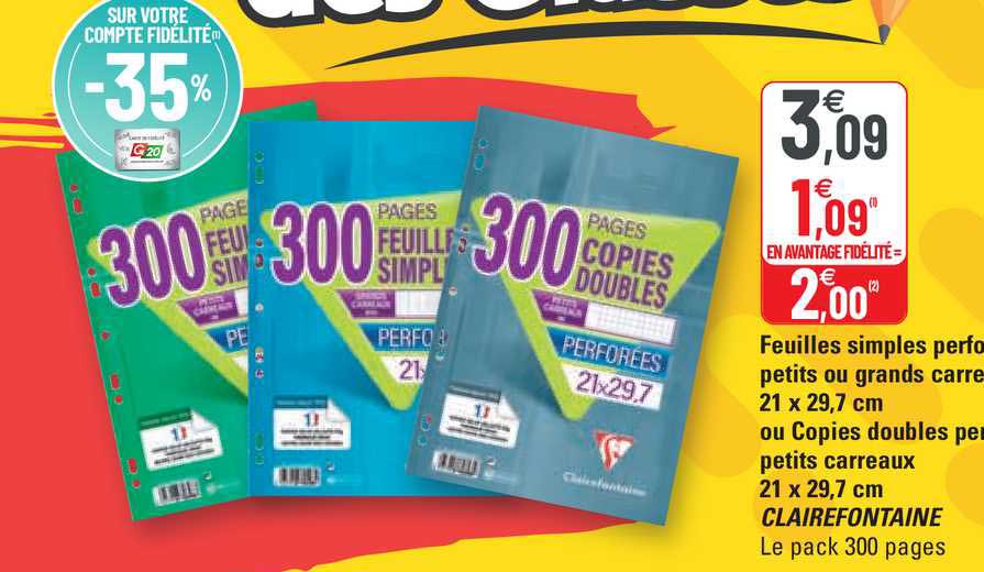 feuilles simples perforées petits ou grands carrées 21 x 29,7 cm ou copies doubles perforées petits carreaux 21 x 29,7 cm clairefontaine