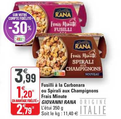 fusilli à la carbonara ou spirali aux champignons frais minute giovanni rana