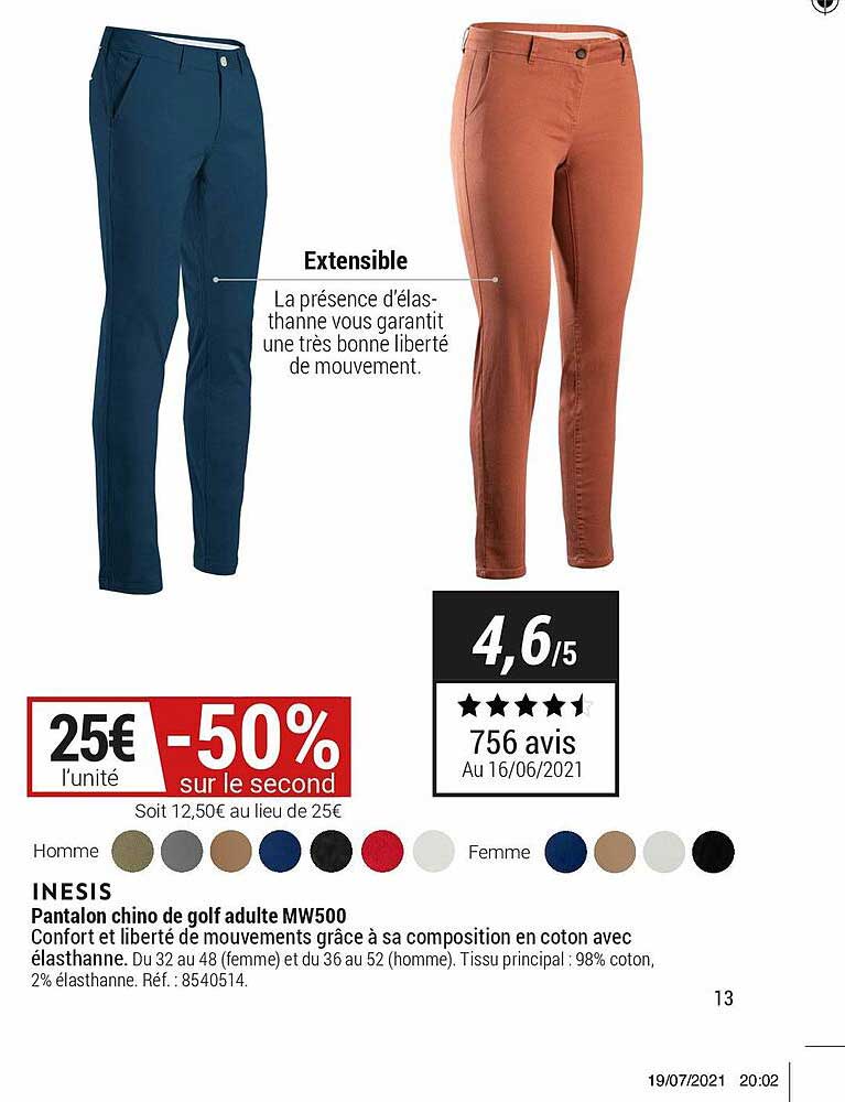 Pantalon Chino De Golf Adulte Mw500 Inesis