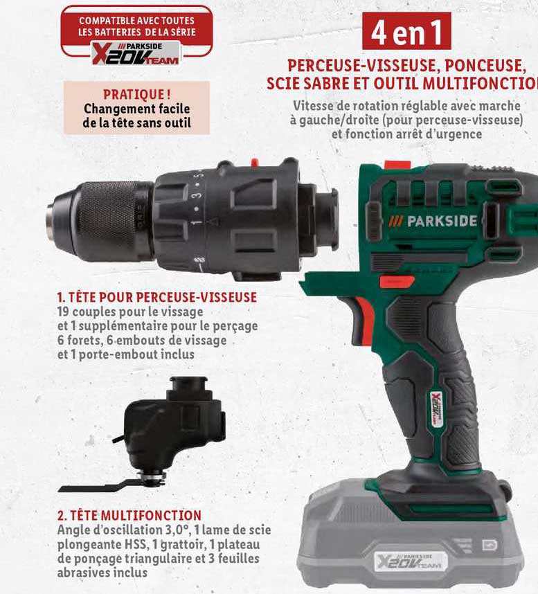 perceuse-visseuse, ponceuse, scie sabre et outil multifonction parkside