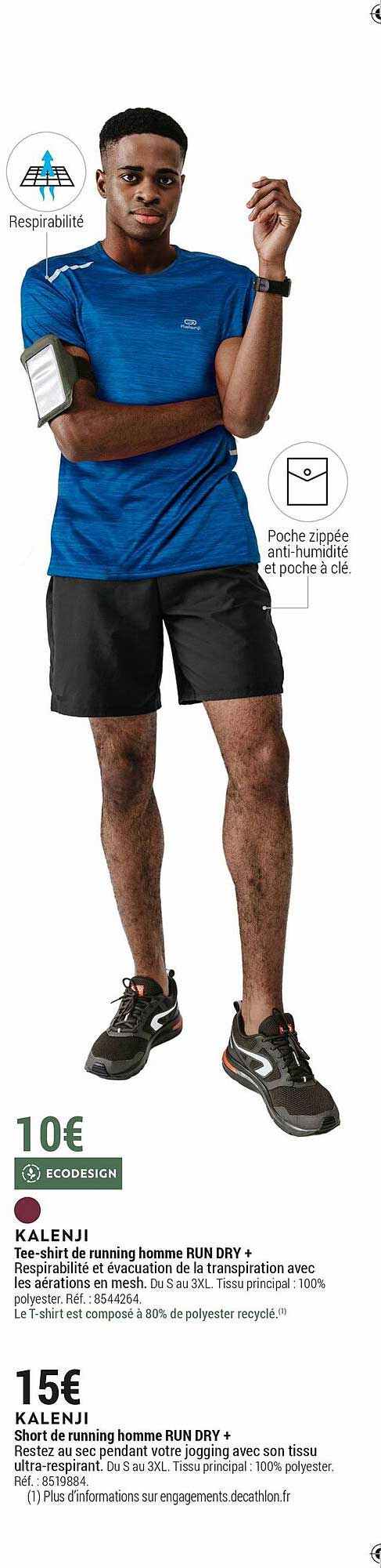 tee-shirt de running homme run dry + kalenji, short de running homme run dry + kalenji