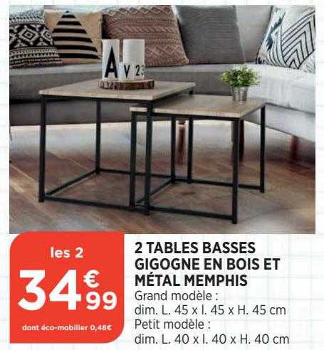 2 tables basses gigogne en bois et métal memphis