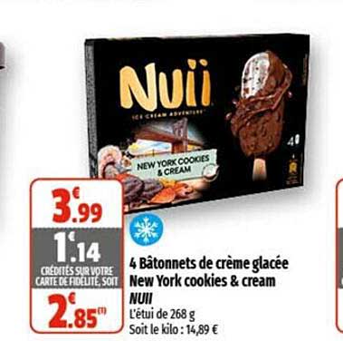 4 bâtonnets de crème glacée new york cookies & cream nuii