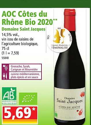 aoc côtes du rhône bio 2020 domaine saint jacques
