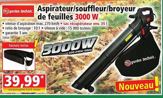 aspirateur-souffleur-broyeur de feuilles 3000 w garden technic