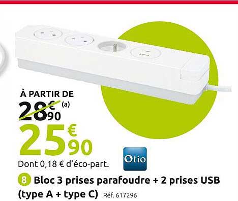 bloc 3 prises parafoudre + 2 prises usb (type a + type c)
