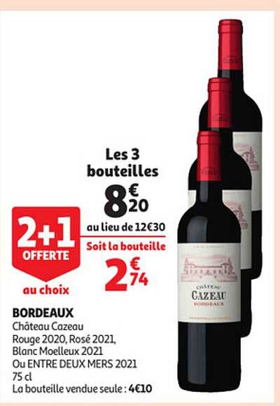 bordeaux châteu cazeau rouge 2020, rosé 2021, blanc moelleux 2021 ou entre deux mers 2021