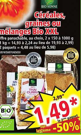 céréales, graines ou mélanges bio xxl bio sonne