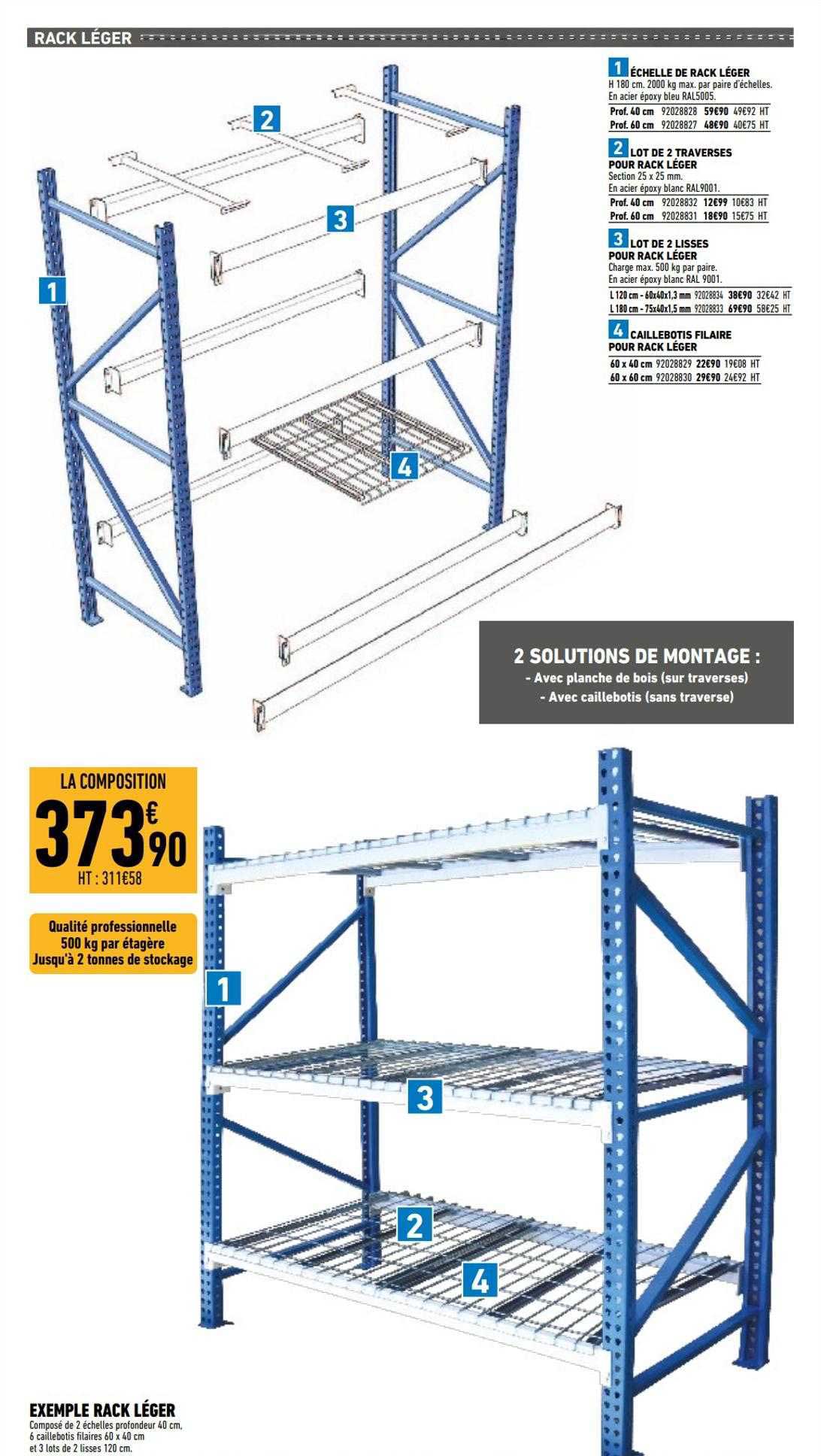 échelle de rack léger, lot de 2 traverses pour rack léger, lot de 2 lisses pour rack léger, caillebotis filaire pour rack léger