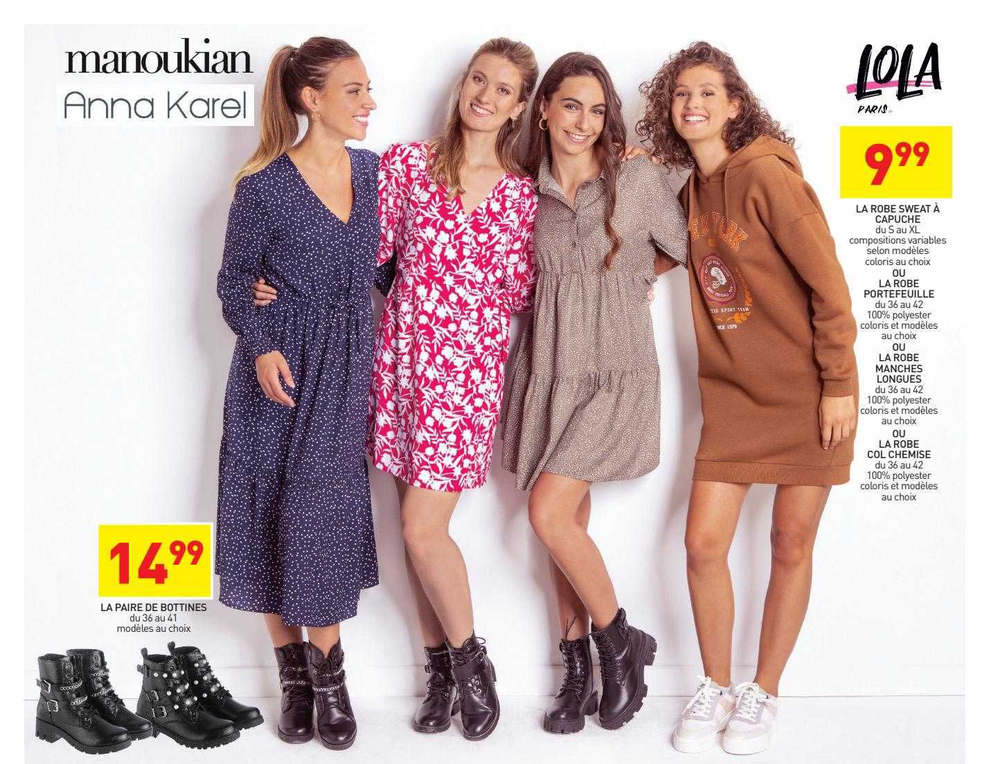la paire de bottines, la robe sweat à capuche ou la robe portefeuille ou la robe manches longues ou la robe col chemise