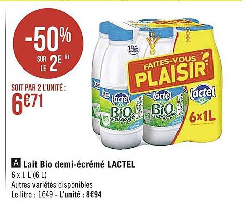 lait bio démi-écrémé lactel