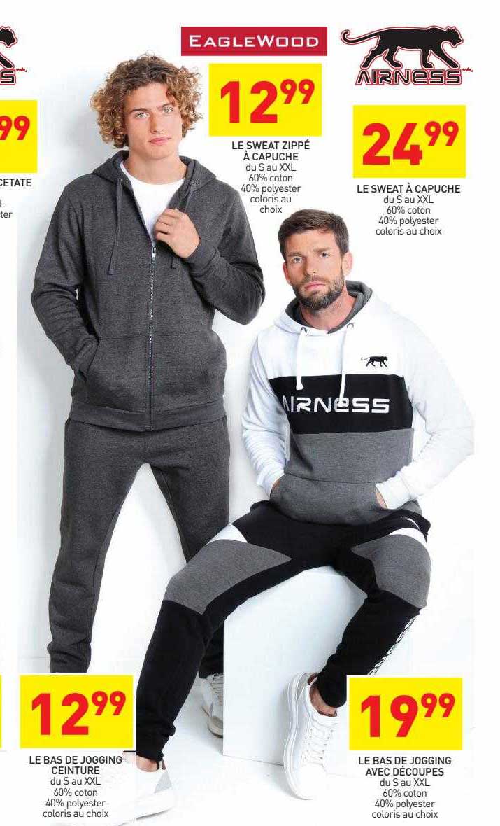 le bas de jogging ceinturé, le sweat zippé à capuche eagle wood, le sweat à capuche, le bas de jogging avec découpe airness