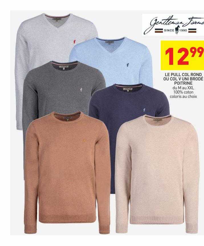 le pull col rond ou col v uni brodé poitrine