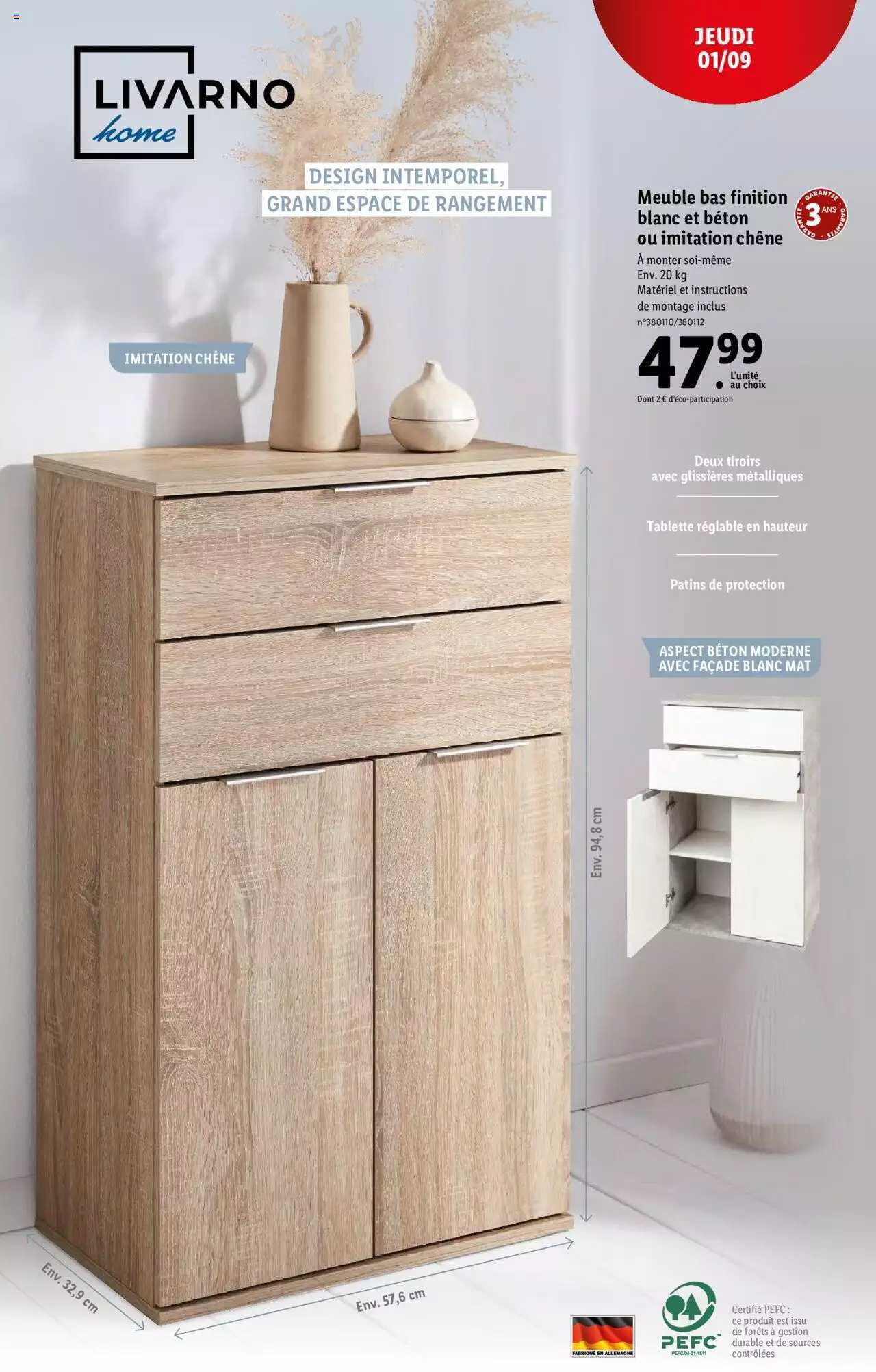 livarno home meuble bas finition blanc et béton ou imitation chêne