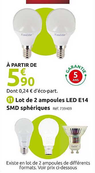 lot de 2 ampoules led e14 smd sphérique