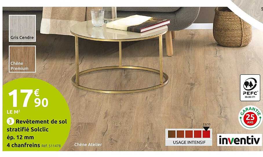 revêtement de sol stratifié solclic ép. 12 mm 4 chanfreins inventiv