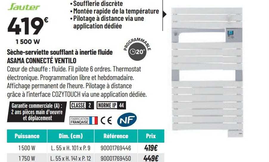 sauter sèche-serviette soufflant à inertie fluide asama connecté ventilo