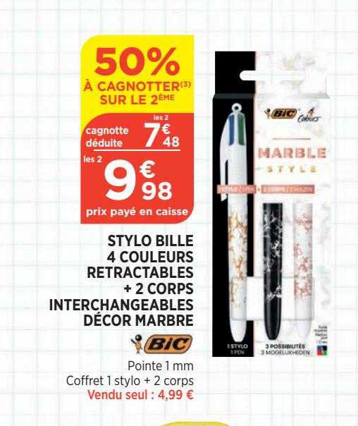 stylo bille 4 couleurs rétractable + 2 corps interchangeables + 2 corps interchangeables décor marbre bic