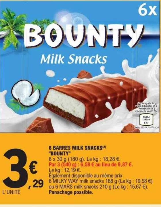 6 barres milk snacks "bounty"