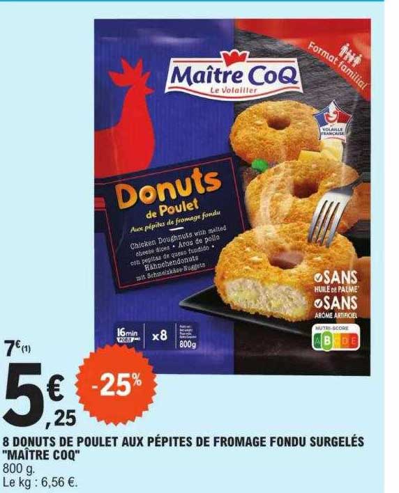 8 donuts de poulet aux pépites de fromage fondu surgelés "maître coq"