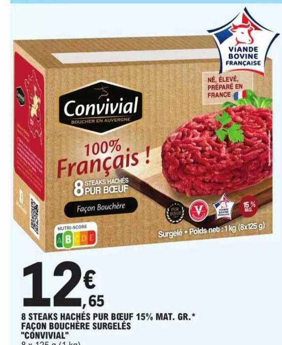 8 steaks hachés pur bœuf 15% mat.gr. façon bouchère surgelés "convivial"