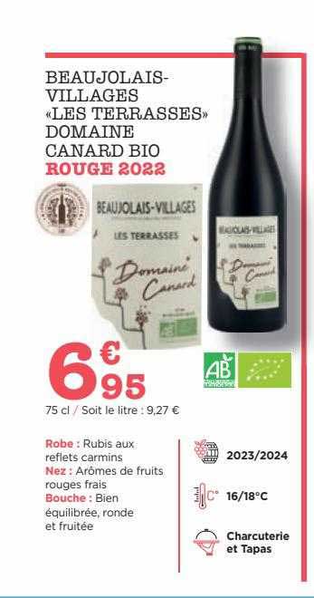 beaujolais-villages «les terrasses» domaine canard bio rouge 2022