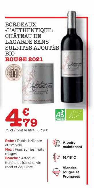 bordeaux «l'authentique» château de lagarde sans sulfites ajoutés bio rouge 2021
