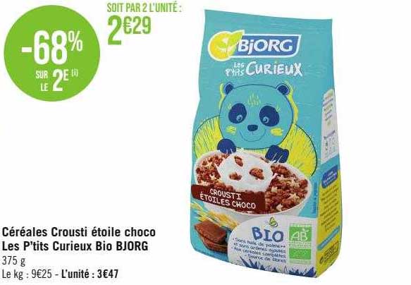 céréales crousti étoile choco les p'tits curieux bio bjorg