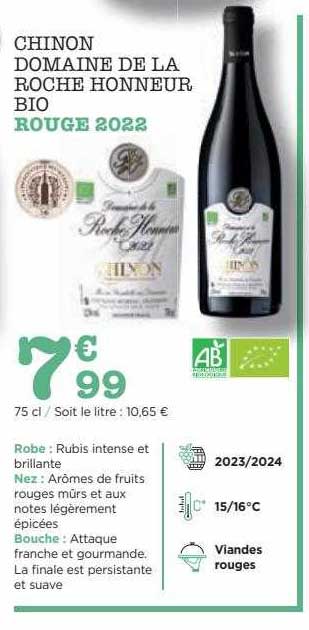 chinon domaine de la roche honneur bio rouge 2022