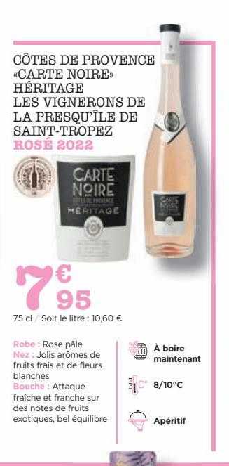 côtes de provence «carte noire» héritage les vignerons de la presqu'île de saint-tropez rosé 2022