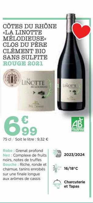 côtes du rhône «la linotte mélodieuse» clos du père clément bio sans sulfite rouge 2021