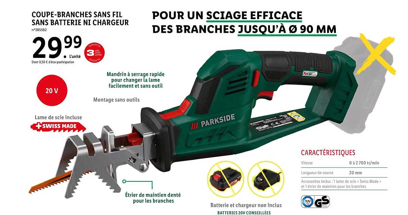 coupe-branches sans fil sans batterie ni chargeur parkside