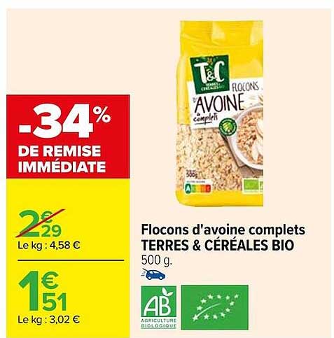 flocons d'avoine complets terres & céréales bio