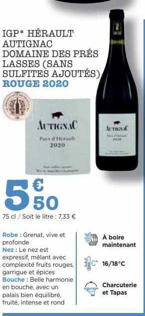 igp hérault autignac domaine des prés lasses (sans sulfites ajoutés) rouge 2020