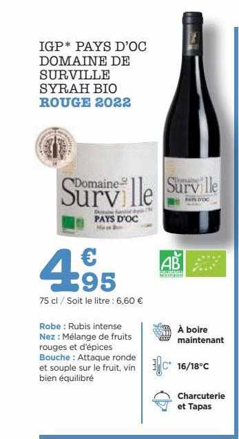 igp pays d'oc domaine de surville syrh bio rouge 2022