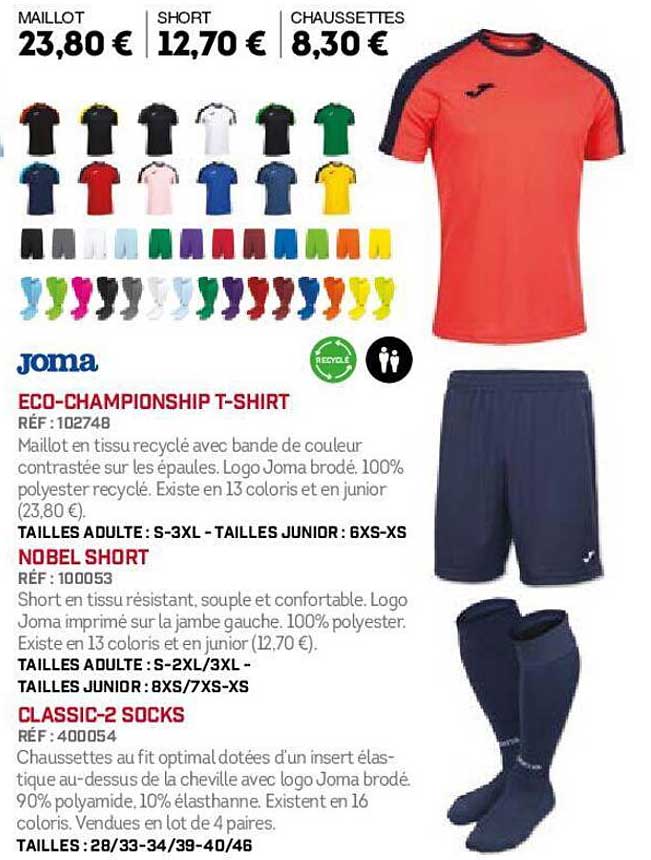 joma eco-championship t-shirt, nobel short, classic-2 socks