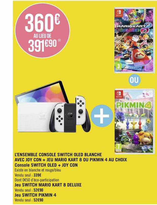l'ensemble console switch oled blanche avec joy con + jeu mario kart 8 ou pikmin 4 au choix