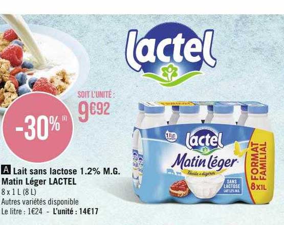 lait sans lactose 1.2% m.g. matin léger lactel