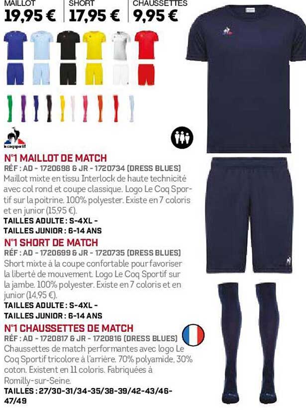 le coq sportif n°1 maillot de match, n°1 short de match, n°1 chaussettes de match