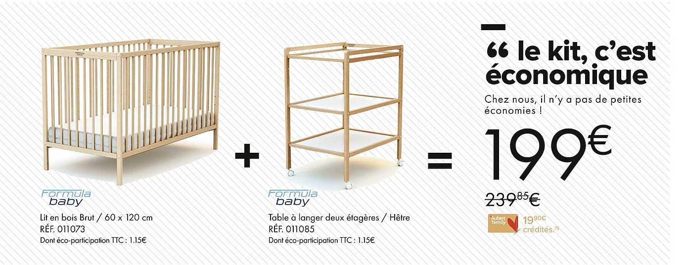 lit en bois brut/60 x 120 cm formula baby + table à langer deux étagères/hêtre formula baby