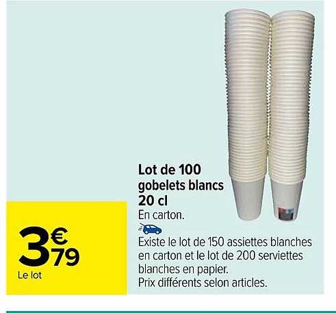 lot de 100 gobelets blancs 20cl