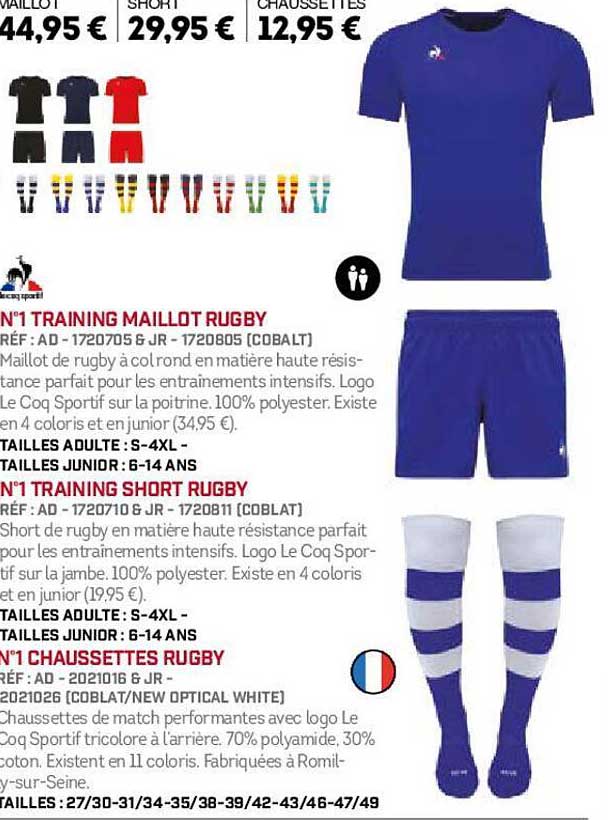 n°1 training maillot de rugby, n°1 training short rugby, n°1 chaussettes rugby le coq sportif